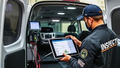 A mobile inspection van equipped with diagnostic tools and a technician conducting a thorough examination of a vehicle, with a tablet displaying real-time data and inspection results, showcasing the professionalism and efficiency of the InspectPro On-Demand service at the customer's location.