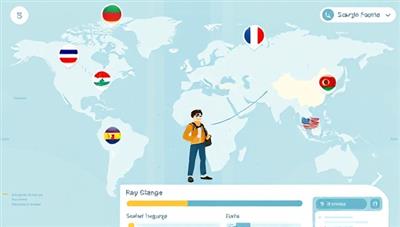 An imaginative illustration of a virtual world map dotted with language flags, a student avatar navigating through challenges, and a progress bar indicating language proficiency levels, conveying a sense of adventure and learning.