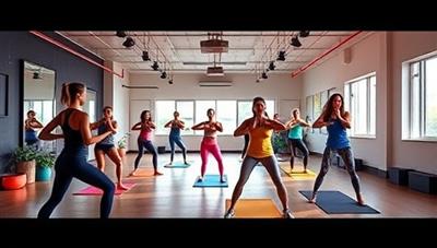 A dynamic virtual fitness class setting with students participating in a high-energy workout session led by an instructor, engaging in cardio exercises, yoga poses, and strength training movements, creating a vibrant and motivating fitness environment for students to stay active and healthy.