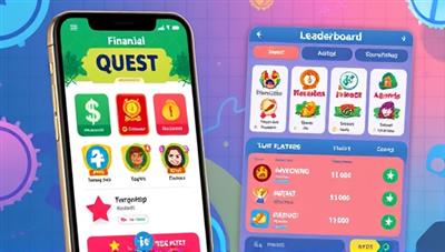 A colorful and dynamic app interface displaying financial quests, achievement badges, and a leaderboard of top players, creating a vibrant and immersive visual representation of the MoneyMinds Quest gamification app.