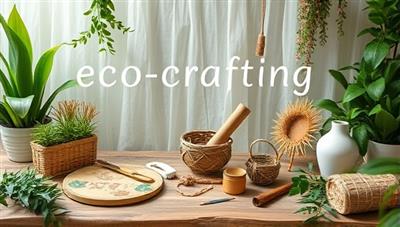 An artistic representation of a virtual eco-crafting session with subscribers upcycling materials, creating handmade crafts, and surrounded by greenery and natural elements, symbolizing creativity and sustainability in crafting practices.