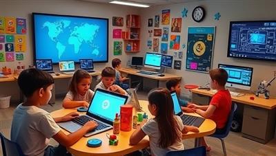 A vibrant coding workshop setting with children engrossed in coding projects on laptops, tablets, and interactive screens, surrounded by colorful coding blocks, robots, and digital art tools, creating a playful and stimulating environment for learning coding and creativity.