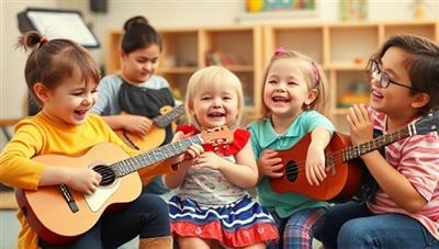 A heartwarming scene of children with special needs engaging in music therapy activities, playing adaptive instruments, singing joyfully, and expressing themselves through music, surrounded by supportive therapists and a nurturing musical environment.