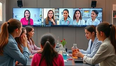 An inspiring visual of a virtual mentorship session, with a diverse group of young girls interacting with female STEM professionals through video conferencing, engaging in hands-on experiments and discussions about STEM careers, showcasing the empowerment and mentorship aspects of STEMpower Girls.