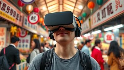 An individual wearing a VR headset and interacting with virtual characters in a bustling foreign market, surrounded by signs and conversations in the target language, capturing the essence of immersive language learning.