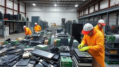 An eco-conscious tech recycling center showcasing the process of responsibly dismantling and recycling electronic devices, with workers wearing protective gear handling e-waste materials in an environmentally friendly facility, highlighting the sustainability and ethical practices of EcoCycle Tech.