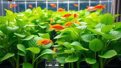 A vibrant image of lush green plants thriving in a controlled aquaponic system, with colorful fish swimming in the background, showcasing the harmonious balance of the ecosystem.