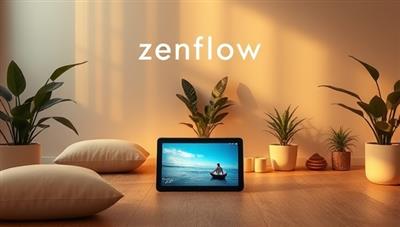A tranquil meditation space with soft lighting, cushions, and a digital device displaying a serene meditation session, surrounded by plants and calming decor elements, symbolizing the peaceful and rejuvenating experience of ZenFlow Oasis's mindfulness platform.