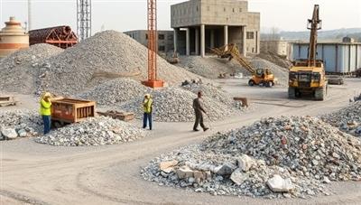A construction site scene with workers sorting and processing various construction waste materials into recycled aggregates and sustainable building products, showcasing the eco-friendly and innovative practices of ReclaimBuild Technologies in waste recycling.