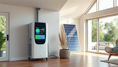 A modern home interior featuring a sleek energy storage unit connected to a solar panel system, with a digital dashboard displaying energy consumption and savings data, creating a futuristic and sustainable living environment, emphasizing energy independence and eco-friendly technology.