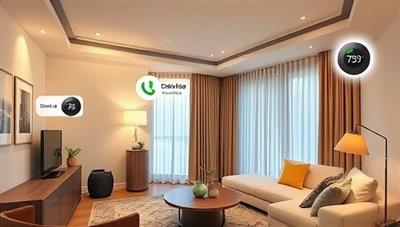 An image of a modern living room with integrated smart home devices, such as voice-controlled lights, a smart thermostat, and automated curtains, showcasing the comfort and convenience of a fully automated home environment.