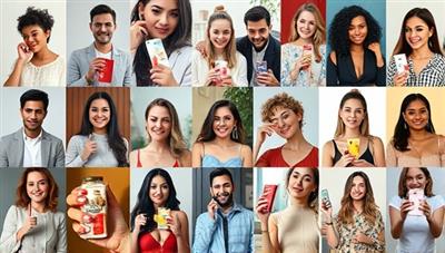 An engaging digital collage showing diverse influencers with different styles and backgrounds, each promoting a unique brand product, symbolizing the diversity and creativity of influencer marketing campaigns.