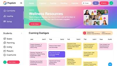 An online platform interface with vibrant colors and inviting graphics showcasing wellness resources, interactive tools, and a calendar of upcoming coaching sessions, conveying a sense of support and community for students.