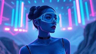 An ethereal and futuristic virtual influencer surrounded by digital landscapes and glowing neon lights, embodying the cutting-edge and imaginative world of VirtualVibes Collaborative's virtual influencer brand partnerships.