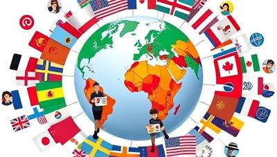 A virtual globe surrounded by diverse language flags, with avatars representing users from different countries engaging in online language learning activities like video calls, language challenges, and virtual cultural exchanges, fostering a sense of global connection and learning.