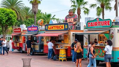 A collection of creatively themed food trucks lined up in a vibrant outdoor setting, each truck showcasing unique culinary delights, colorful decor, and enthusiastic customers enjoying a diverse array of gourmet experiences, capturing the essence of immersive food truck adventures.