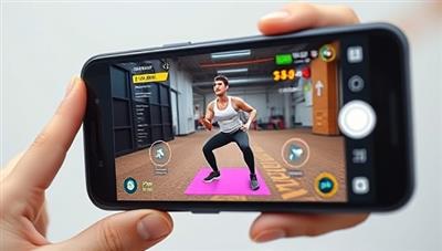 An AR fitness challenge overlay displayed on a smartphone screen, showing a user engaging in a virtual workout session with interactive elements and gamified fitness quests, blending real-world exercise with digital entertainment in a motivating and dynamic way.