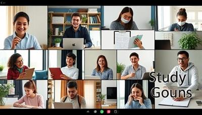 An online study room environment with multiple students on video calls, sharing notes and discussing study materials, conveying a collaborative and engaging virtual study experience.