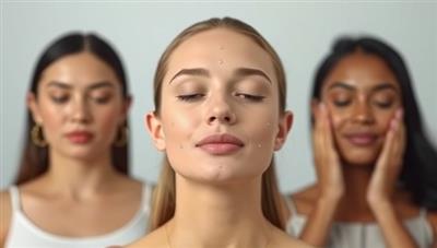 An engaging visual representation of facial fitness exercises being demonstrated virtually, with participants following along and practicing facial muscle movements, exuding a sense of relaxation and rejuvenation.