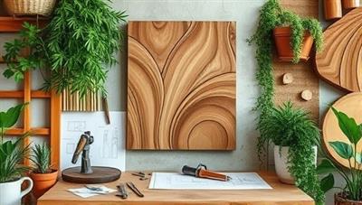 An artisan crafting a custom wooden wall art piece, surrounded by woodworking tools, design sketches, and lush greenery, showcasing the blend of creativity, craftsmanship, and natural elements in creating bespoke home decor.