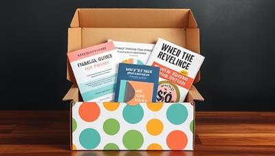 An appealing image of a beautifully designed subscription box filled with financial tools, colorful guides, and motivational quotes, creating a sense of excitement and empowerment for subscribers.