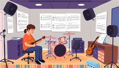 An engaging digital illustration featuring a virtual music studio where a mentor and mentee are immersed in a collaborative music session, sharing musical insights and techniques, surrounded by instruments, sheet music, and digital recording equipment, symbolizing the harmonious mentorship experience within HarmonyQuest Mentors.
