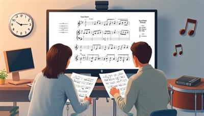 An artistic visualization of a virtual music lesson session between a student and an instructor, with musical instruments, sheet music, and digital tools visible on the screen, creating a harmonious and educational musical experience facilitated by MelodyMentor Online.