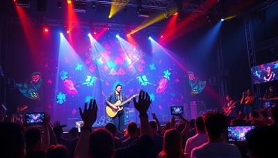 An energetic concert scene with a blend of live music and augmented reality effects, showcasing colorful digital overlays, interactive elements, and mesmerizing visual enhancements surrounding the performers and the audience, illustrating the immersive AR concert experience.