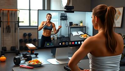 An artistic representation of a virtual fitness coaching session, showing a trainer guiding a client through a workout routine via video call, with workout equipment and healthy food visuals in the background, conveying motivation and fitness progress.