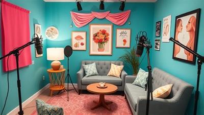 A vibrant podcast recording studio setup with microphones, soundproofing panels, and a cozy seating area for guests, surrounded by beauty-themed decor and inspiration boards, creating a welcoming and professional podcasting environment.