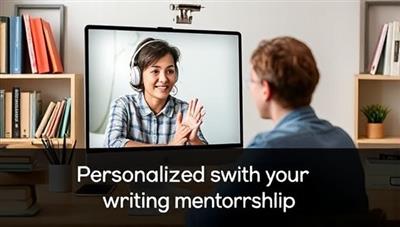 An image of a virtual writing mentor guiding a writer through a video call, with books and writing tools in the background, symbolizing personalized and supportive writing mentorship.