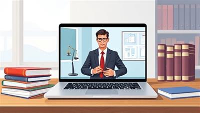 A digital illustration of a laptop screen displaying a lawyer in a virtual consultation with a client, surrounded by legal books and a professional office setting, highlighting the convenience and expertise of online legal consultations.