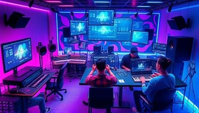 An artistic visualization of a virtual music production studio within BeatForge Studio, featuring a diverse group of music creators collaborating on a digital music project, experimenting with virtual instruments and audio effects, and tuning their tracks in a dynamic and interactive virtual studio environment, highlighting the creativity and innovation of the platform for music production enthusiasts.