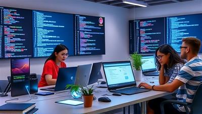 An engaging virtual coding lab environment with lines of code displayed on digital screens, coding tools and resources on a virtual desk, and a diverse group of programmers collaborating on a coding project, showcasing teamwork and tech innovation in a virtual coding bootcamp setting.