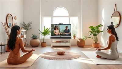 A serene virtual wellness studio with wellness coaches conducting virtual sessions, guiding clients through meditation exercises, fitness routines, and nutritional planning, creating a calm and supportive environment for holistic health coaching.