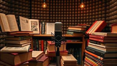 An artistic audio recording setup with a microphone surrounded by poetry books, soundproofing panels, and mood lighting, creating a cozy and immersive environment for recording poetic performances and discussions.