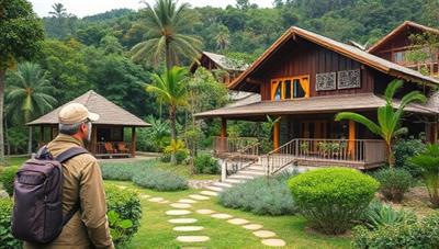 A serene natural landscape with a traveler enjoying a sustainable eco-resort, surrounded by lush greenery and eco-friendly amenities, promoting responsible and conscious travel experiences.