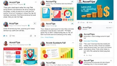 An engaging social media feed showcasing AccoTips posts with colorful infographics, accounting tips, and financial advice, surrounded by interactive comments and shares, reflecting a vibrant and informative digital community focused on financial education.