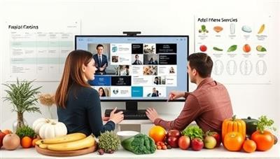 A virtual nutrition consultation scene with a nutritionist discussing meal plans and wellness strategies with a busy professional on screen, surrounded by fresh fruits, vegetables, and nutritional charts, conveying a sense of health and balance.