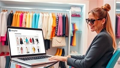 A vibrant and chic virtual closet filled with stylish clothing items, a laptop displaying the StyleSphere platform, and a fashionista happily browsing through outfit suggestions, creating a trendy and personalized fashion experience.