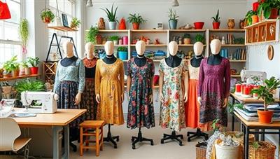 An upcycled fashion collection displayed on mannequins in a vibrant, eco-friendly studio space filled with sewing machines, fabric scraps, and potted plants, reflecting the blend of creativity and sustainability in fashion upcycling.