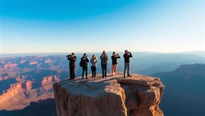 A group of workshop participants standing on a majestic cliff overlooking a breathtaking landscape, each capturing the scene with their cameras, portraying the essence of adventure and photography combined in a stunning natural setting.