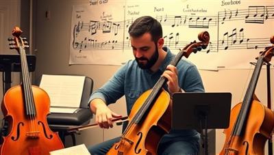 An artistic depiction of a virtual music mentorship session with a mentor guiding a student on instrument techniques, surrounded by musical notes and instruments, capturing the essence of creativity and growth in music education.