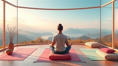 A serene virtual retreat setting with calming nature scenes, yoga mats, meditation cushions, and a person participating in a virtual mindfulness session, surrounded by soothing colors and natural elements, promoting relaxation and inner peace.