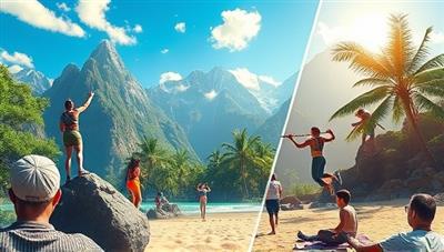 An exhilarating digital artwork depicting virtual adventure fitness challenges set in diverse outdoor environments, with participants engaging in dynamic workouts like mountain climbing, jungle trekking, and beach exercises, inspiring a sense of excitement and motivation for fitness exploration.