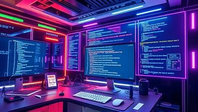 A futuristic and tech-inspired visual representation of a virtual coding bootcamp environment, with digital screens displaying lines of code, tech gadgets, and coding tools, illustrating a dynamic and immersive learning space for beginners to dive into the world of programming and development.