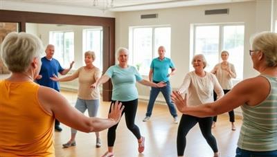 A group of seniors participating in a fitness fusion class, engaging in gentle exercises and stretches, surrounded by supportive instructors and a warm, welcoming atmosphere, promoting active aging and vitality.