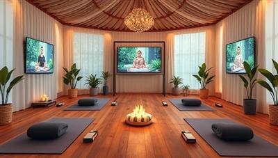 An immersive and tranquil virtual retreat setting with a blend of yoga mats, herbal teas, calming scents, and digital screens displaying wellness workshops and meditation sessions, creating a serene and rejuvenating atmosphere for Serenity Escape participants.