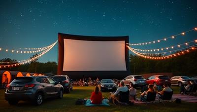 A captivating image of a large inflatable movie screen set up in an open field with cars parked in front, families and friends seated outdoors on blankets and chairs, enjoying a movie night under a starry sky with fairy lights creating a magical ambiance.