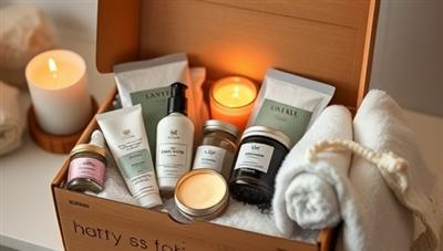An aesthetically pleasing spa kit box overflowing with luxurious skincare products, aromatic candles, plush towels, and soothing bath salts, evoking a sense of relaxation and indulgence for an at-home spa experience.